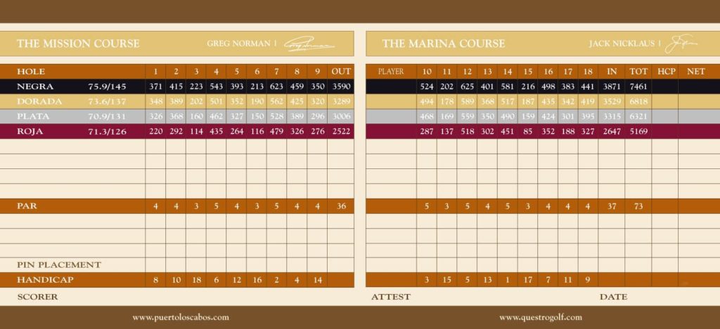 Puerto Los Cabos golf Scorecard PLC Scorecard Questro golf greg norman Jack nicklaus san jose del cabo questro golf cabo san lucas