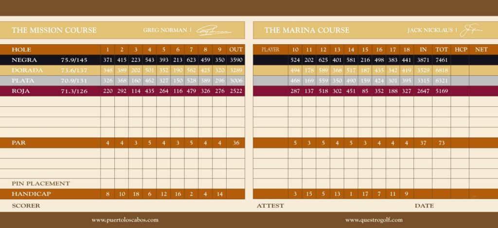 Puerto Los Cabos golf Scorecard PLC Scorecard Questro golf greg norman Jack nicklaus san jose del cabo questro golf cabo san lucas